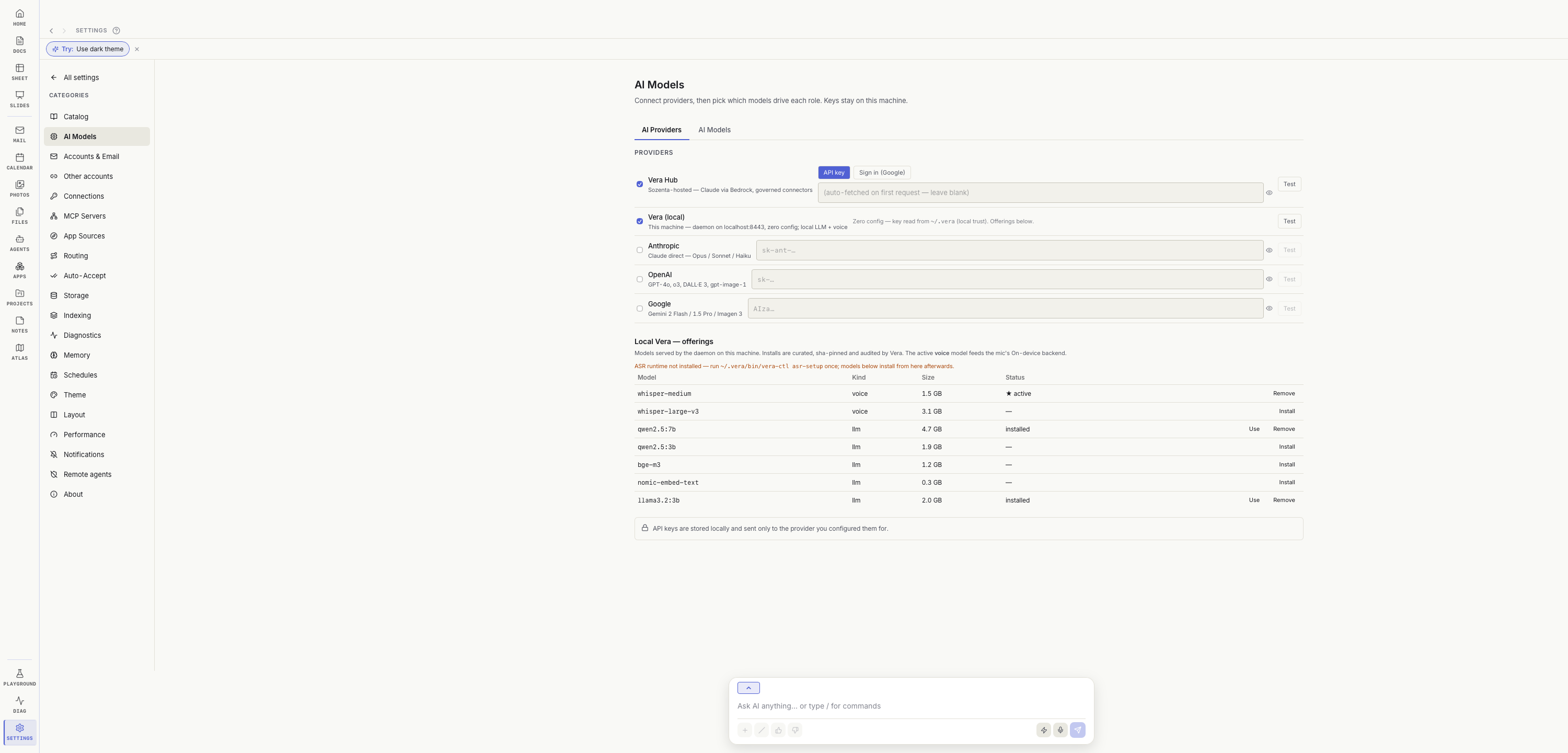 Veya Settings, AI Models page, showing the AI Providers tab with Vera Hub, Vera (local), Anthropic, OpenAI and Google, and a Local Vera offerings table beneath.