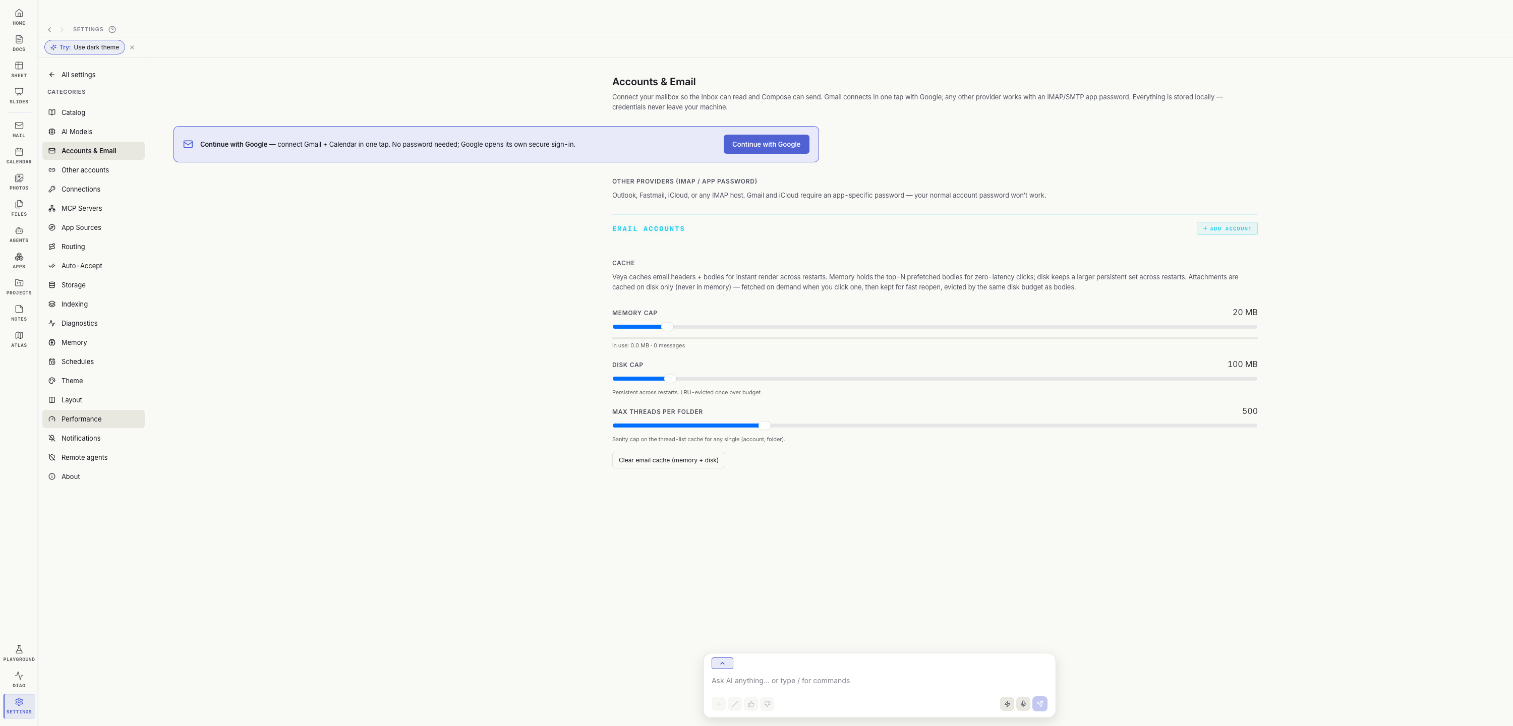 Veya Settings, Accounts and Email page, showing a Continue with Google button, an IMAP section for other providers, and email cache controls.
